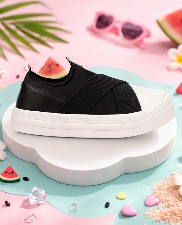 Tênis casual infantil feminino modelo slip-on nas cores preto e branco. Possui solado branco alto, bico branco e tiras elásticas pretas cruzadas no peito do pé.