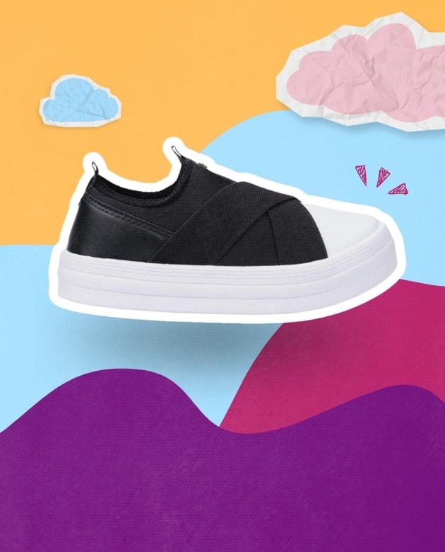 Banner de tênis calce fácil infantil estilo slip on na cor preta com tiras de elástico cruzadas e biqueira branca Menina Fashion. Fundo com ondas coloridas