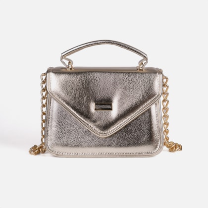 Bolsa Feminina Dourada Domidona Tiracolo Metalizada Corrente Alça Ajustável