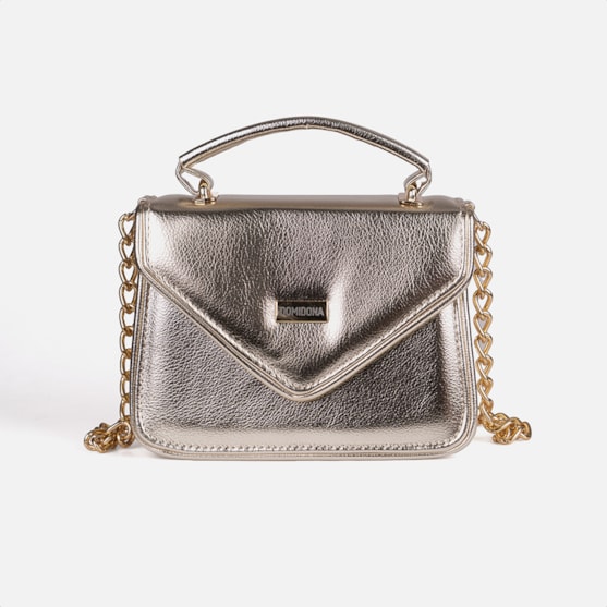 Bolsa Feminina Dourada Domidona Tiracolo Metalizada Corrente Alça Ajustável