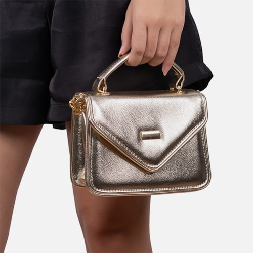 Bolsa Feminina Dourada Domidona Tiracolo Metalizada Corrente Alça Ajustável