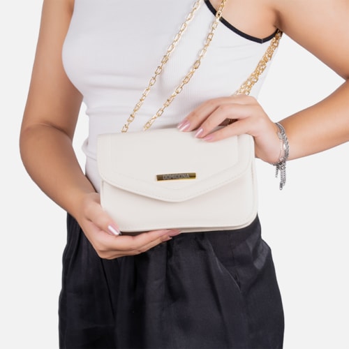 Bolsa Feminina Off White Domidona Mini Bag Pequena com Corrente Dourada