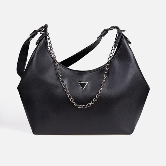 Bolsa Feminina Preta Domidona Hobo Média Detalhe Corrente Metalizada
