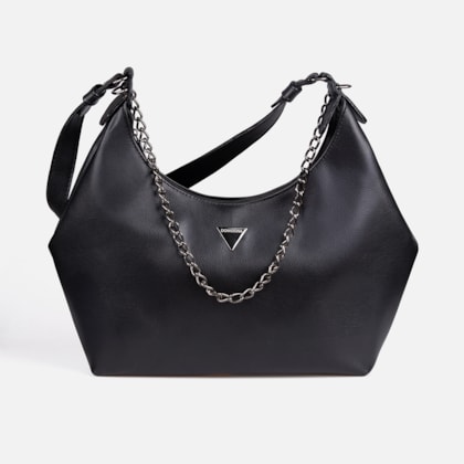 Bolsa Feminina Preta Domidona Hobo Média Detalhe Corrente Metalizada
