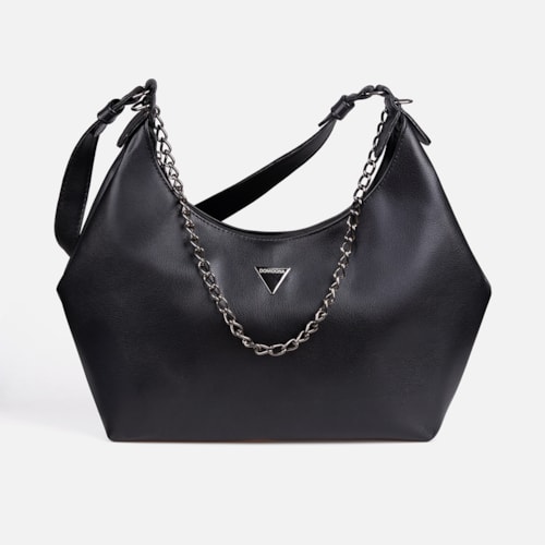 Bolsa Feminina Preta Domidona Hobo Média Detalhe Corrente Metalizada