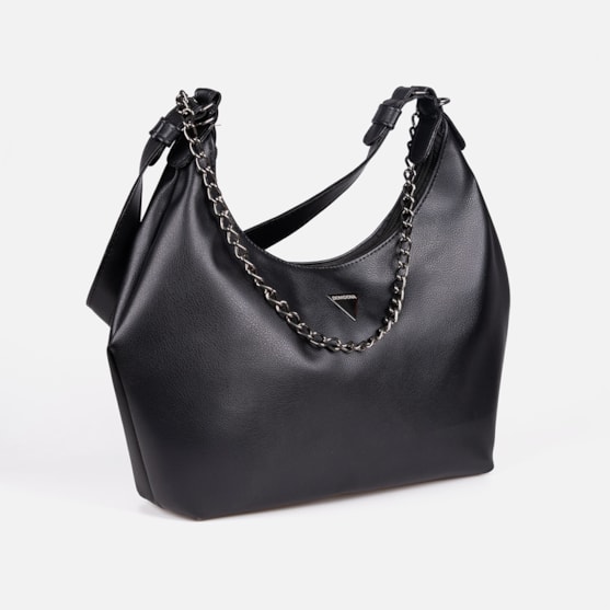 Segunda imagem do produto Bolsa Feminina Preta Domidona Hobo Média Detalhe Corrente Metalizada