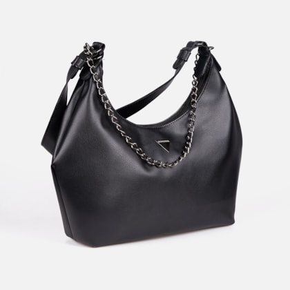 Segunda imagem do produto Bolsa Feminina Preta Domidona Hobo Média Detalhe Corrente Metalizada