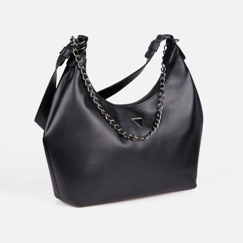 Bolsa Feminina Preta Domidona Hobo Média Detalhe Corrente Metalizada