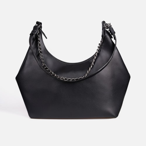 Bolsa Feminina Preta Domidona Hobo Média Detalhe Corrente Metalizada