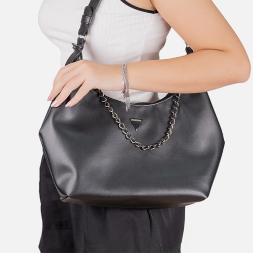 Bolsa Feminina Preta Domidona Hobo Média Detalhe Corrente Metalizada