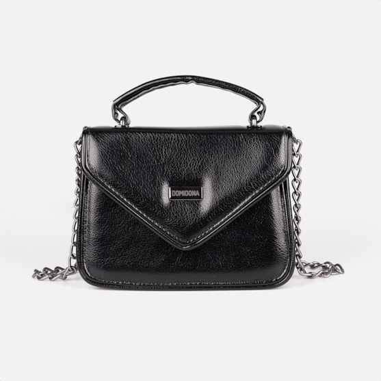 Bolsa Feminina Preta Domidona Tiracolo Metalizada Corrente Alça Ajustável