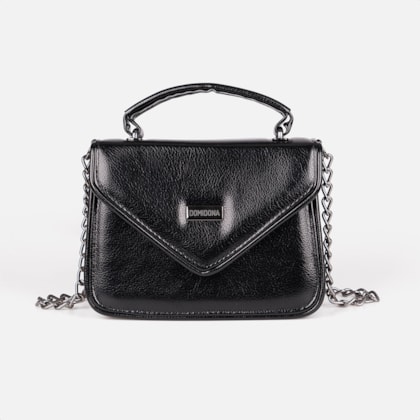 Bolsa Feminina Preta Domidona Tiracolo Metalizada Corrente Alça Ajustável