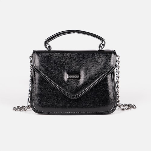 Bolsa Feminina Preta Domidona Tiracolo Metalizada Corrente Alça Ajustável