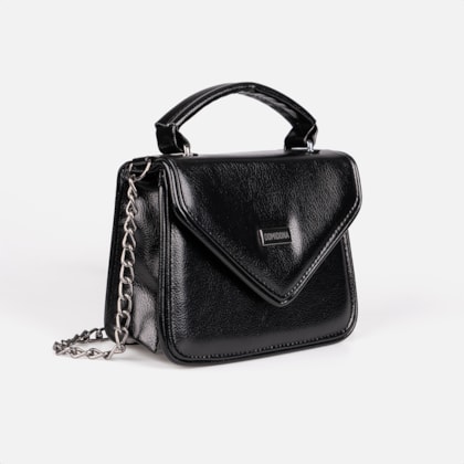 Segunda imagem do produto Bolsa Feminina Preta Domidona Tiracolo Metalizada Corrente Alça Ajustável