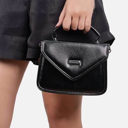 Bolsa Feminina Preta Domidona Tiracolo Metalizada Corrente Alça Ajustável