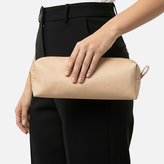 Segunda imagem do produto Bolsa Nécessaire Bege Trama Natural Feminina Média Viagem Toque Artesanal