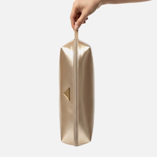 Bolsa Nécessaire Dourada Brilho Metalizado Feminina Média Viagem Glamour