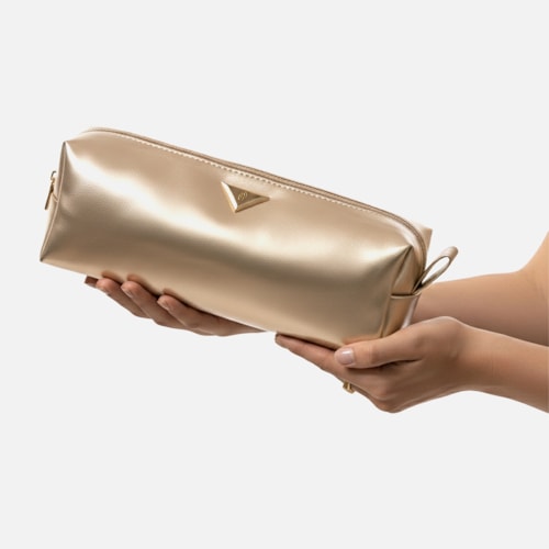 Bolsa Nécessaire Dourada Brilho Metalizado Feminina Média Viagem Glamour