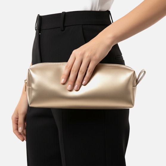 Segunda imagem do produto Bolsa Nécessaire Dourada Brilho Metalizado Feminina Média Viagem Glamour