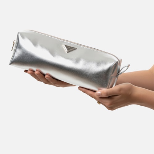 Bolsa Nécessaire Prata Brilho Metalizado Feminina Média Viagem Moderna