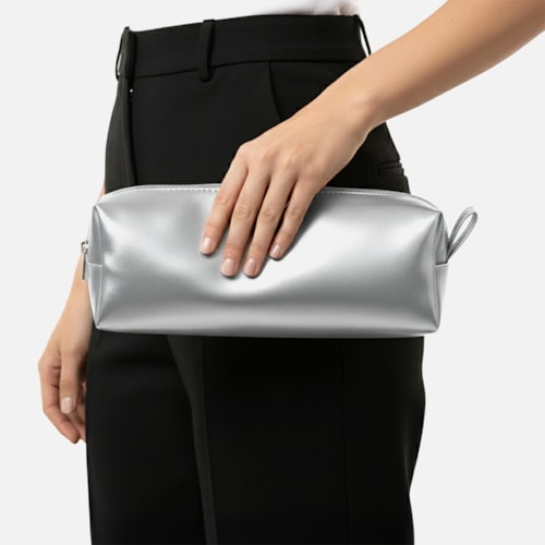Bolsa Nécessaire Prata Brilho Metalizado Feminina Média Viagem Moderna