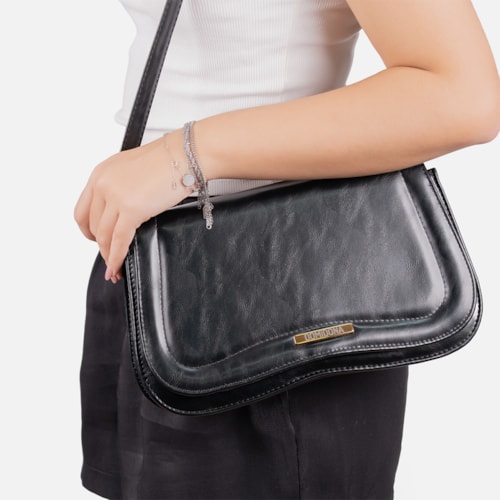 Bolsa Tiracolo Feminina Preta Domidona Média Retrô Chic Alça Ajustável
