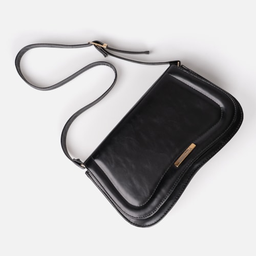 Bolsa Tiracolo Feminina Preta Domidona Média Retrô Chic Alça Ajustável