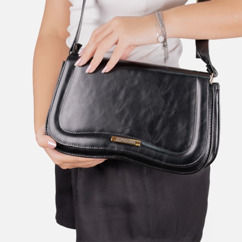 Bolsa Tiracolo Feminina Preta Domidona Média Retrô Chic Alça Ajustável