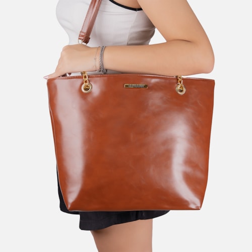 Bolsa Tote Bag Feminina Caramelo Domidona Grande Alça Dupla Detalhes Dourados