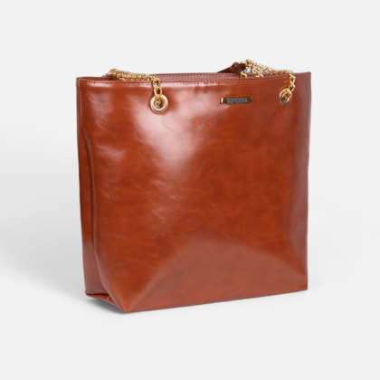 Segunda imagem do produto Bolsa Tote Bag Feminina Caramelo Domidona Grande Alça Dupla Detalhes Dourados