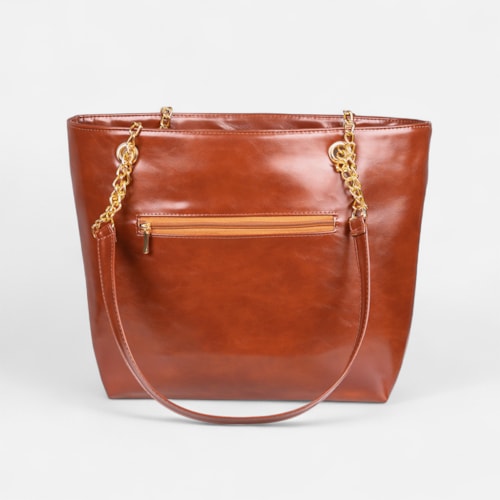 Bolsa Tote Bag Feminina Caramelo Domidona Grande Alça Dupla Detalhes Dourados