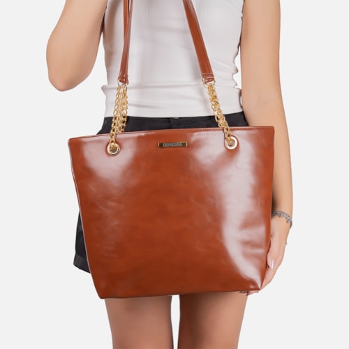 Bolsa Tote Bag Feminina Caramelo Domidona Grande Alça Dupla Detalhes Dourados