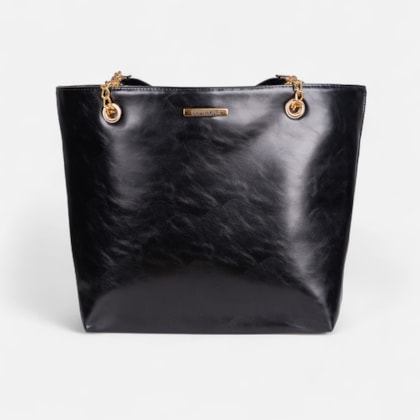 Bolsa Tote Bag Feminina Preta Domidona Grande Alça Dupla Detalhes Dourados