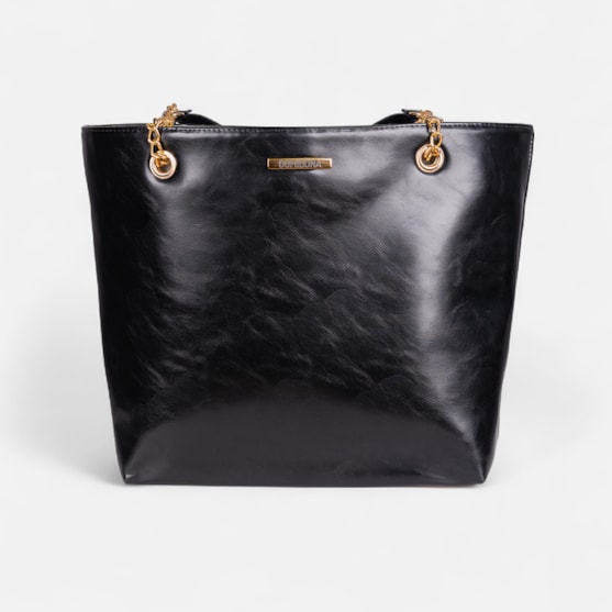 Bolsa Tote Bag Feminina Preta Domidona Grande Alça Dupla Detalhes Dourados