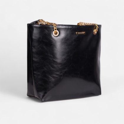 Segunda imagem do produto Bolsa Tote Bag Feminina Preta Domidona Grande Alça Dupla Detalhes Dourados