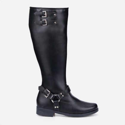 Bota Biker Feminina Preta Cano Alto Tratorada Com Fivelas Tendência