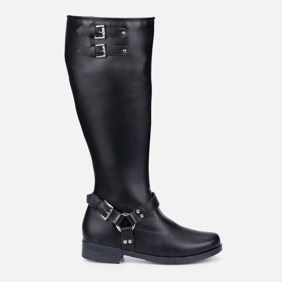 Bota Biker Feminina Preta Cano Alto Tratorada Com Fivelas Tendência
