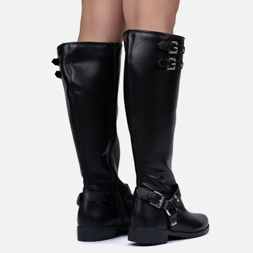 Bota Biker Feminina Preta Cano Alto Tratorada Com Fivelas Tendência