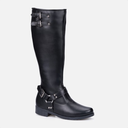 Segunda imagem do produto Bota Biker Feminina Preta Cano Alto Tratorada Com Fivelas Tendência