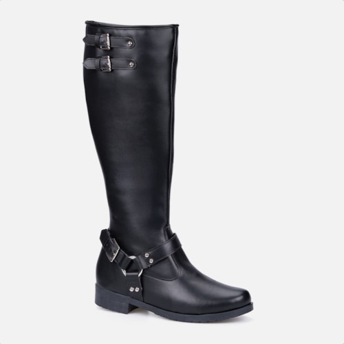 Bota Biker Feminina Preta Cano Alto Tratorada Com Fivelas Tendência