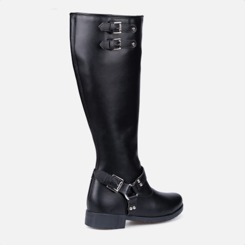Bota Biker Feminina Preta Cano Alto Tratorada Com Fivelas Tendência