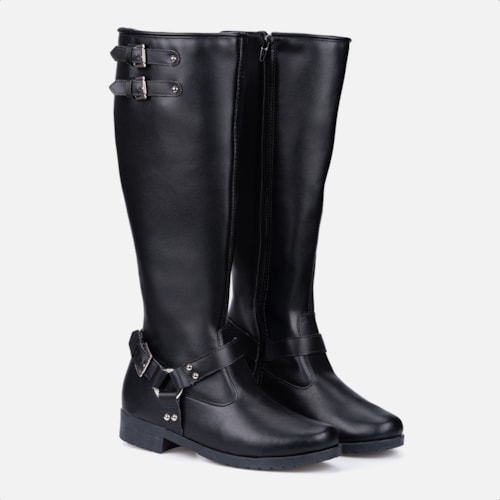 Bota Biker Feminina Preta Cano Alto Tratorada Com Fivelas Tendência
