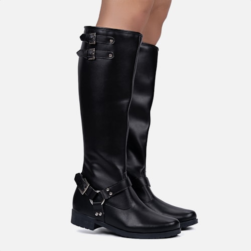 Bota Biker Feminina Preta Cano Alto Tratorada Com Fivelas Tendência