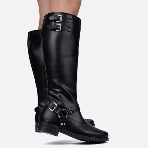 Bota Biker Feminina Preta Cano Alto Tratorada Com Fivelas Tendência