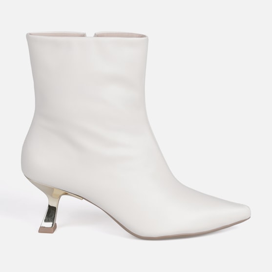 Bota Cano Curto Salto Fino Baixo Kitten Heel Metalizado Bico Fino Off White