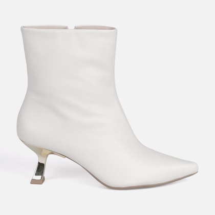 Bota Cano Curto Salto Fino Baixo Kitten Heel Metalizado Bico Fino Off White
