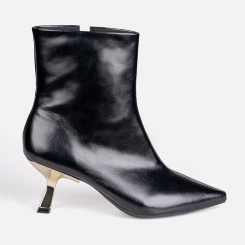 Bota Cano Curto Salto Fino Baixo Kitten Heel Metalizado Bico Fino Preta