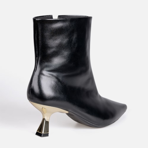 Bota Cano Curto Salto Fino Baixo Kitten Heel Metalizado Bico Fino Preta