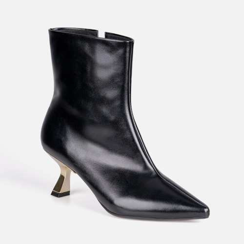 Bota Cano Curto Salto Fino Baixo Kitten Heel Metalizado Bico Fino Preta