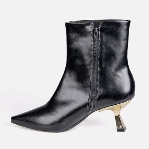 Bota Cano Curto Salto Fino Baixo Kitten Heel Metalizado Bico Fino Preta